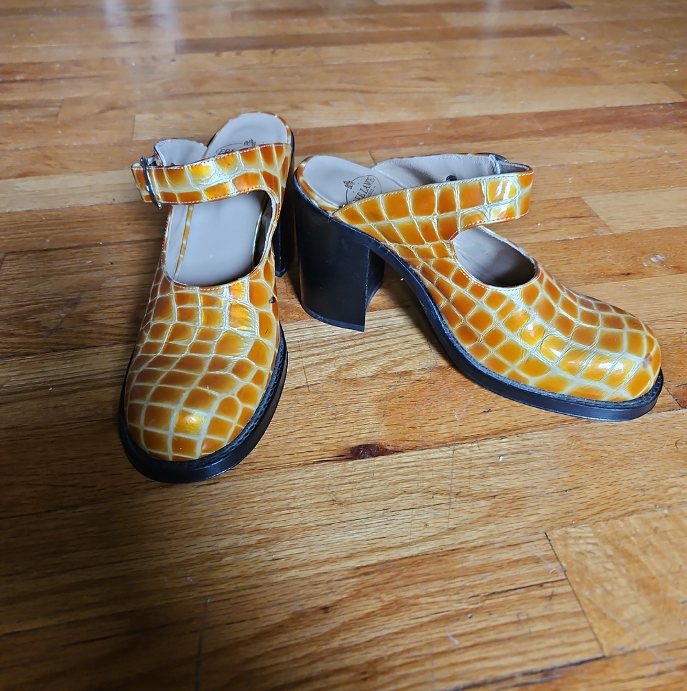 Free Lance Paris Croc-Embossed Yellow Mary Jane Block Heel Sandals